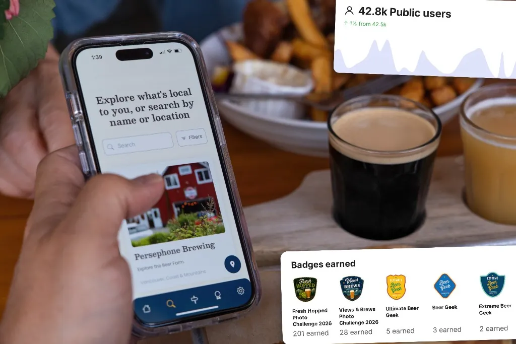 A visitor browsing a brewery listing, with public user counts and badges earned